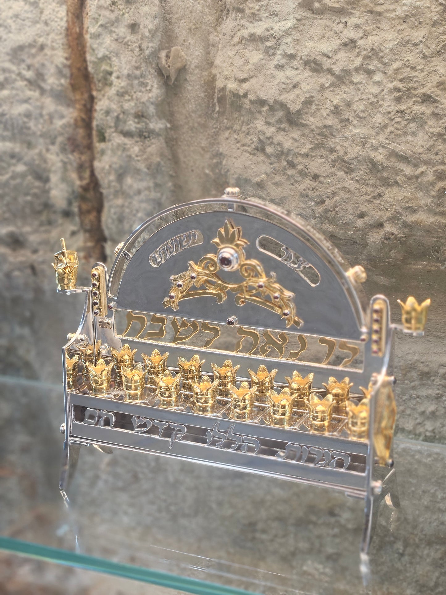 Sterling Silver “Tzur Yeshuati” Hanukkah Menorah with Gold-Plated Ornaments – Sacred Judaica by Yossi Sagi