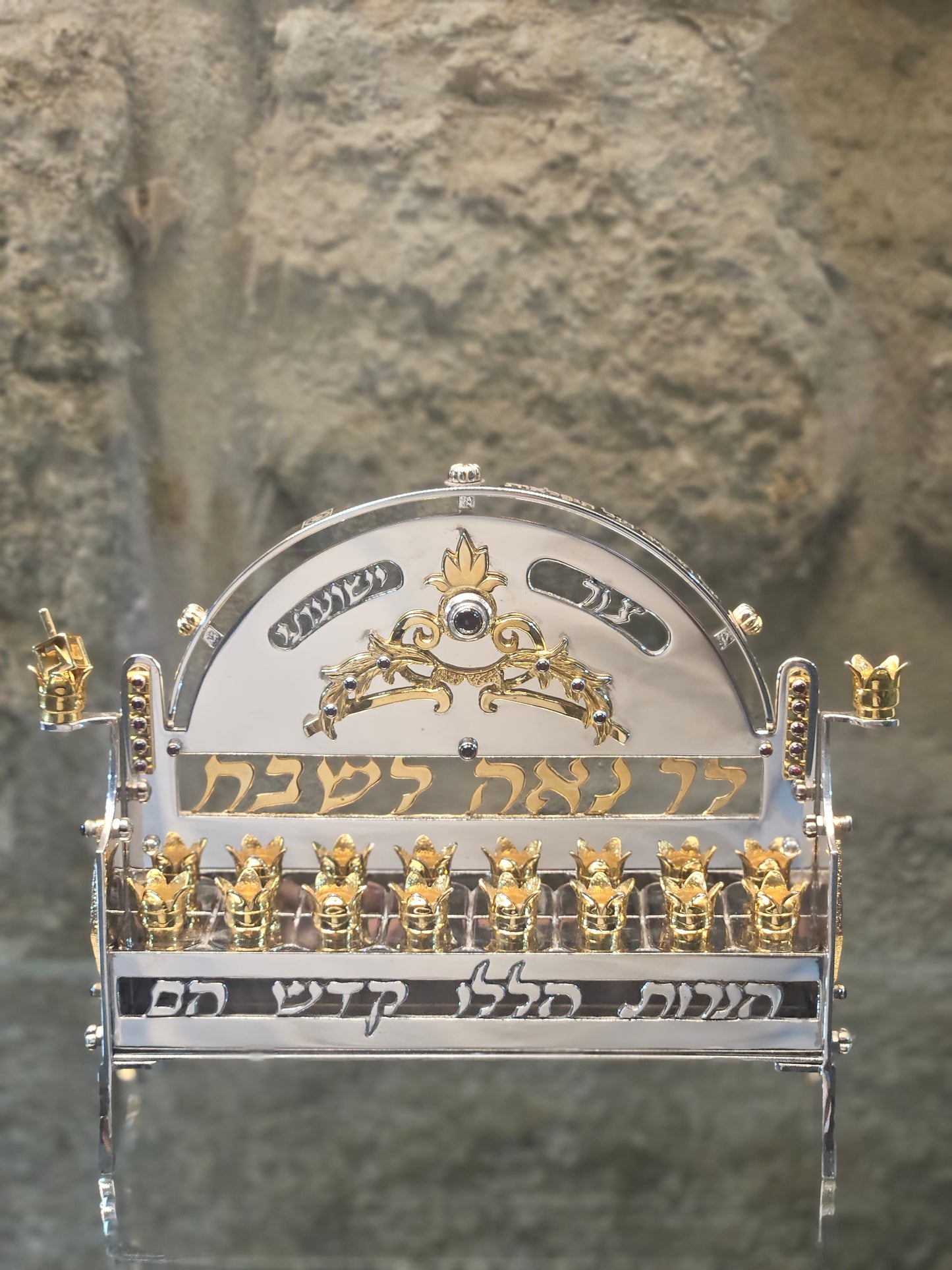 Sterling Silver “Tzur Yeshuati” Hanukkah Menorah with Gold-Plated Ornaments – Sacred Judaica by Yossi Sagi