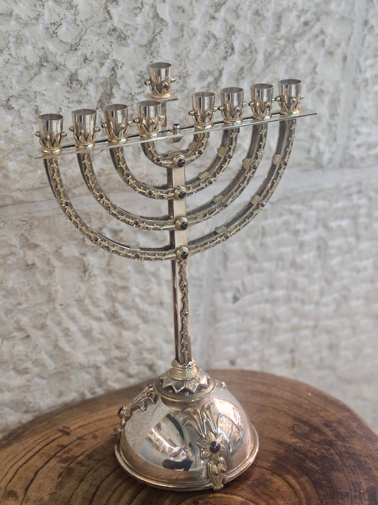 Sterling Silver Detachable Hanukkah Menorah with Gemstones & Gold-Plated Ornaments – Sacred Judaica by Yossi Sagi
