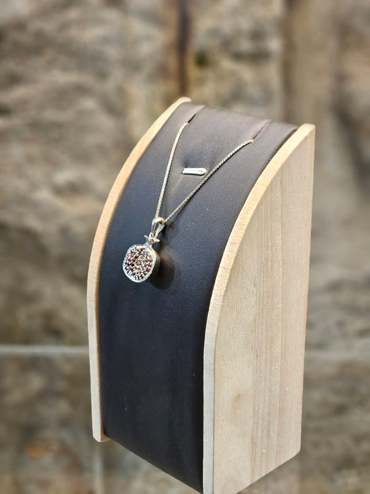 Sterling Silver Pomegranate Pendant with 61 Garnet Stones – Handmade by Yossi Sagi | Judaica from Jerusalem