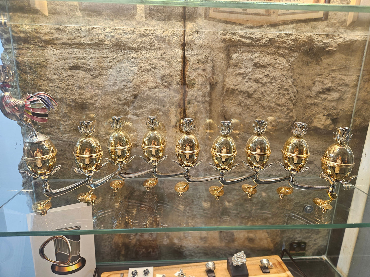 Sterling Silver Rooster Hanukkah Menorah with 8 Gold-Plated Eggs – Sacred Judaica by Yossi Sagi