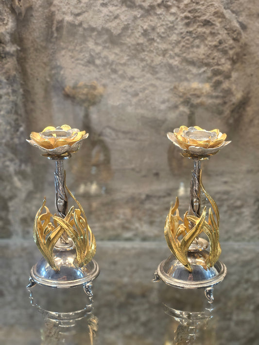 Sterling Silver Rose Candle Holders with Gold-Plated Details – Sacred Judaica by Yossi Sagi