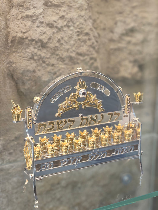 Sterling Silver “Tzur Yeshuati” Hanukkah Menorah with Gold-Plated Ornaments – Sacred Judaica by Yossi Sagi