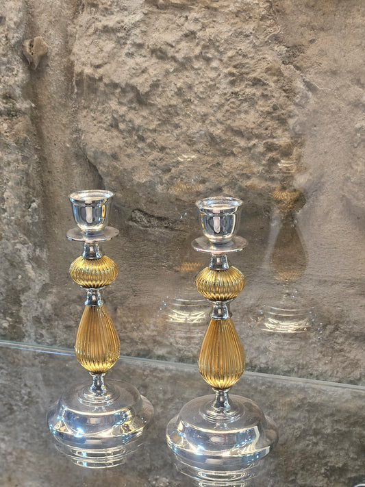 Sterling Silver “Or Olam” Candle Holders with Gold-Plated Details – Sacred Judaica by Yossi Sagi
