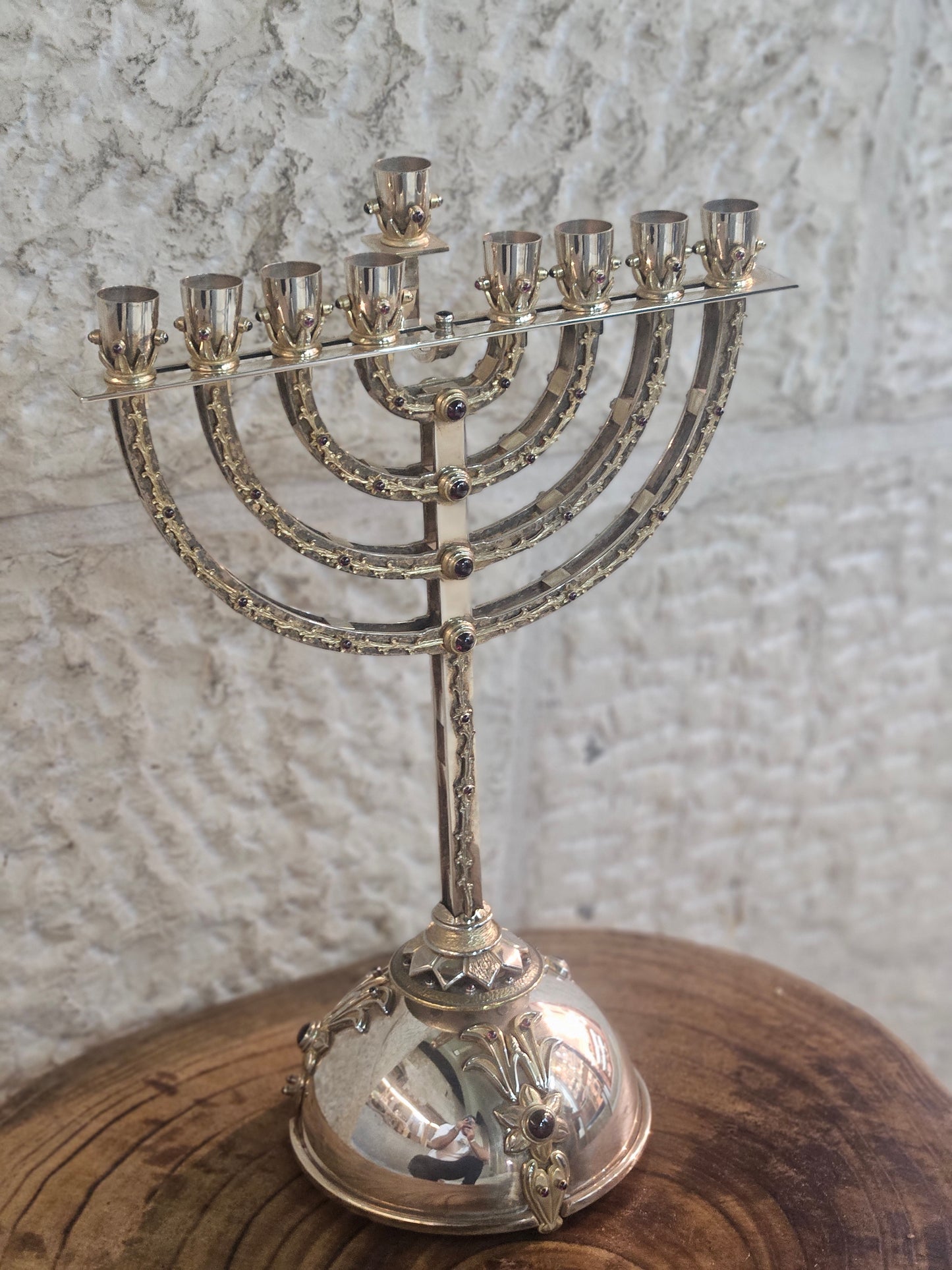 Sterling Silver Detachable Hanukkah Menorah with Gemstones & Gold-Plated Ornaments – Sacred Judaica by Yossi Sagi