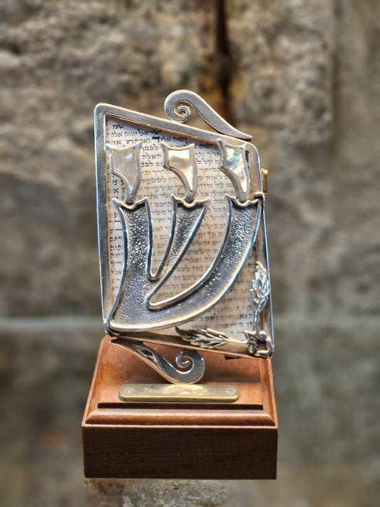 Sterling Silver 925 Mezuzah with ‘Shin’ Design & Open Klaf – Handcrafted by Yossi Sagi | Judaica from Jerusalem