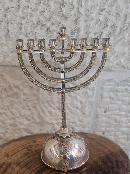 Sterling Silver Detachable Hanukkah Menorah with Gemstones & Gold-Plated Ornaments – Sacred Judaica by Yossi Sagi