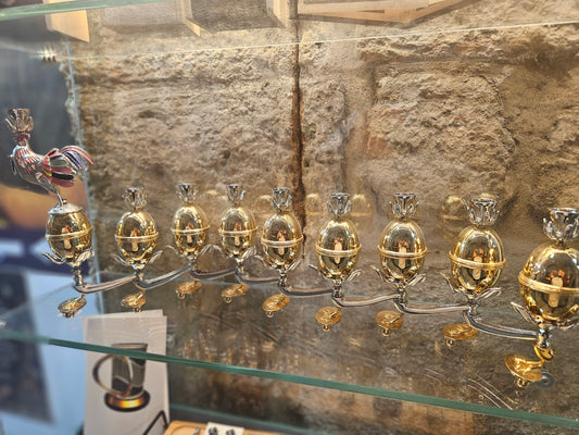 Sterling Silver Rooster Hanukkah Menorah with 8 Gold-Plated Eggs – Sacred Judaica by Yossi Sagi