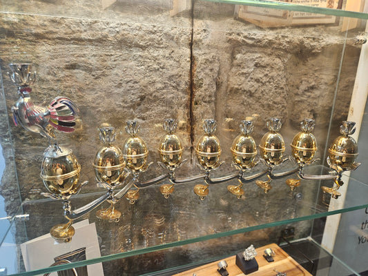 Sterling Silver Rooster Hanukkah Menorah with 8 Gold-Plated Eggs – Sacred Judaica by Yossi Sagi