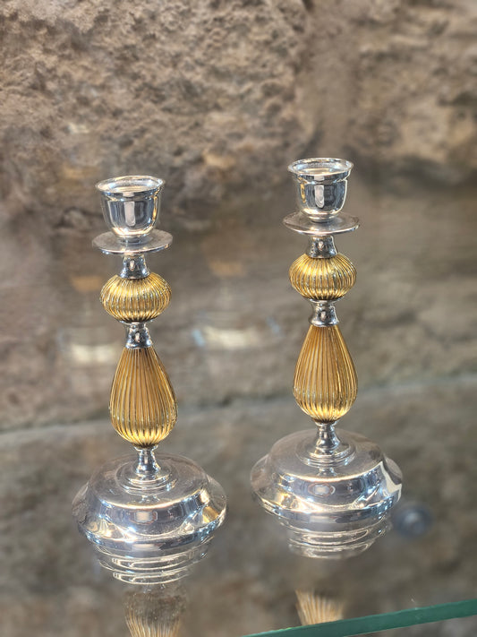 Sterling Silver “Or Olam” Candle Holders with Gold-Plated Details – Sacred Judaica by Yossi Sagi