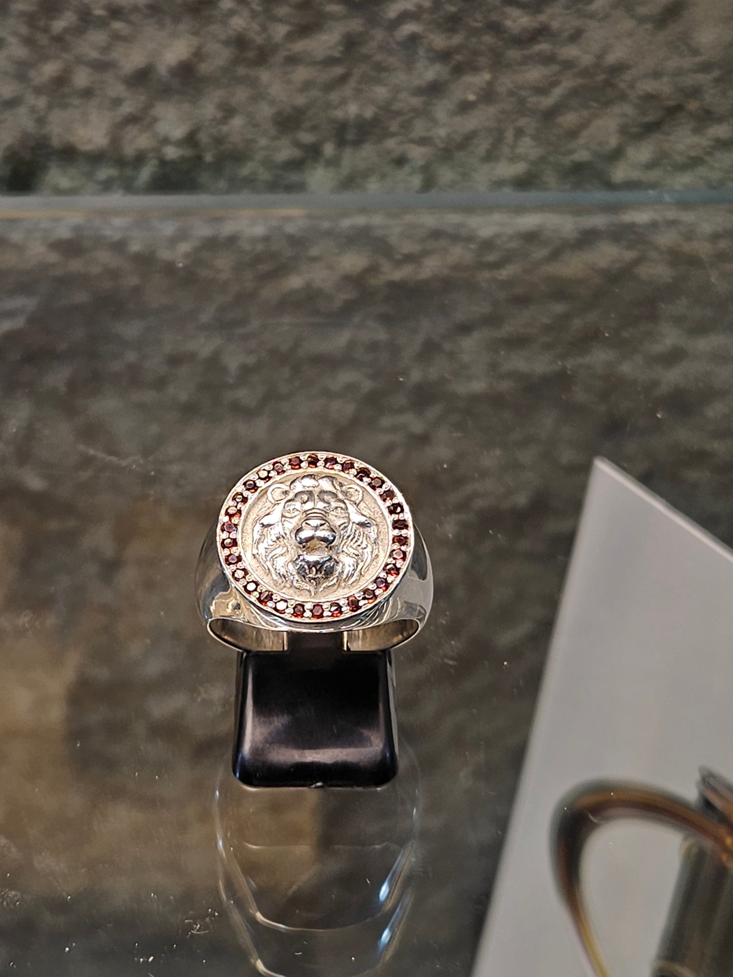 Men’s Sterling Silver Lion Signet Ring with Garnet or Custom Stone – by Yossi Sagi