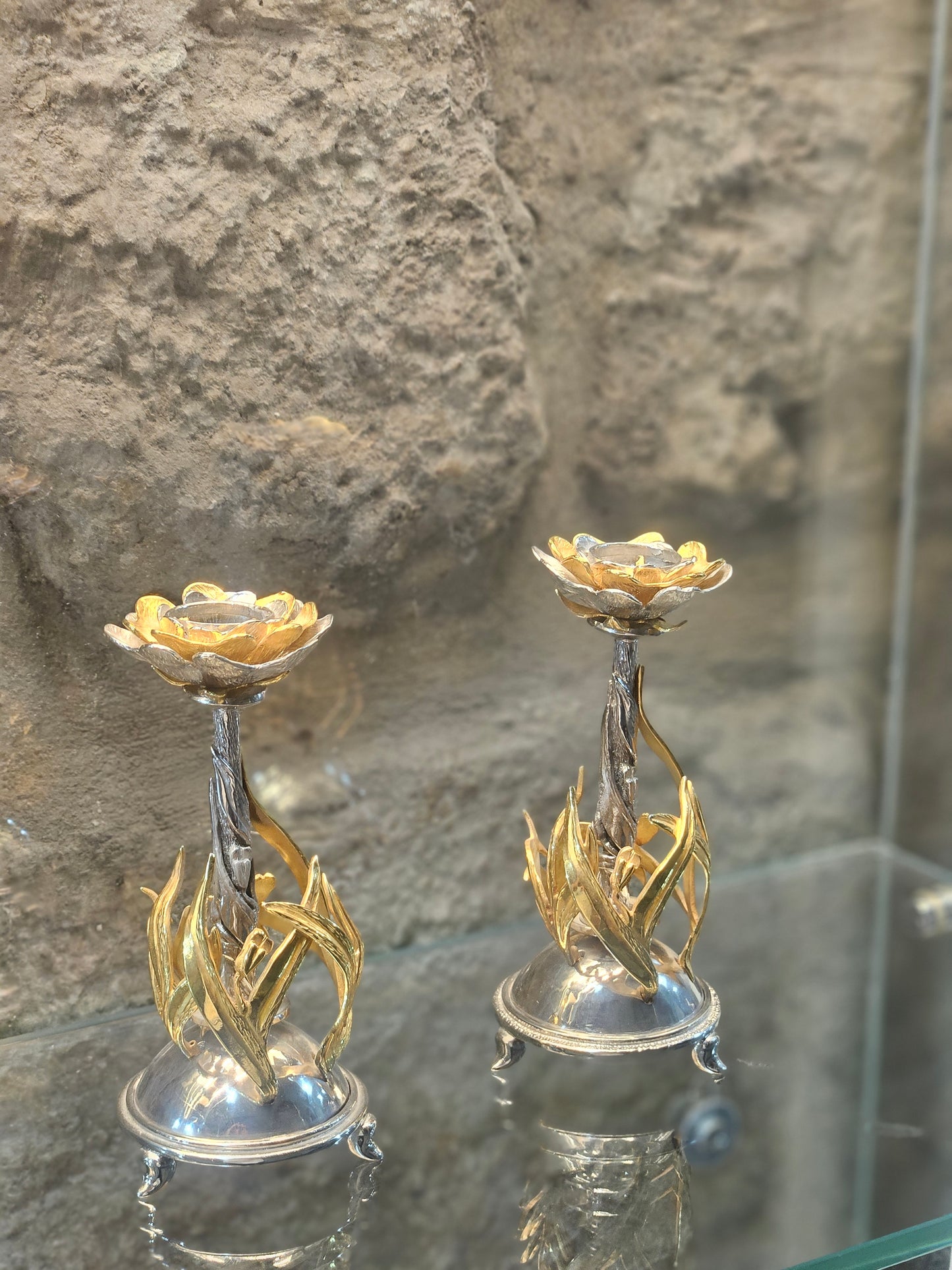 Sterling Silver Rose Candle Holders with Gold-Plated Details – Sacred Judaica by Yossi Sagi
