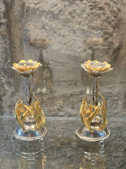Sterling Silver Rose Candle Holders with Gold-Plated Details – Sacred Judaica by Yossi Sagi